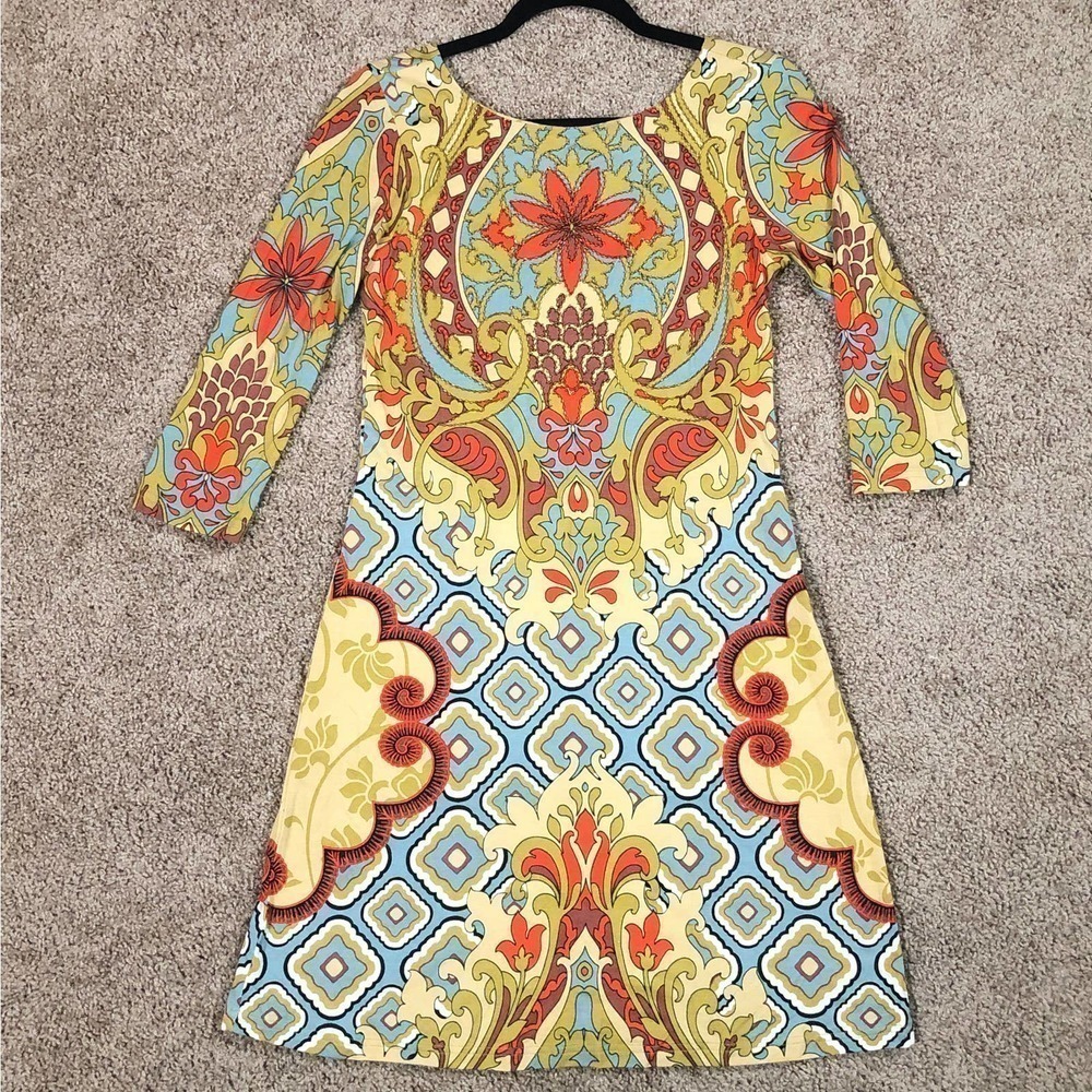 Joyous & Free Paisley Beaded 3/4 Sleeve Scoop Back Stretch Knit Shift Dress XS - Picture 9 of 14